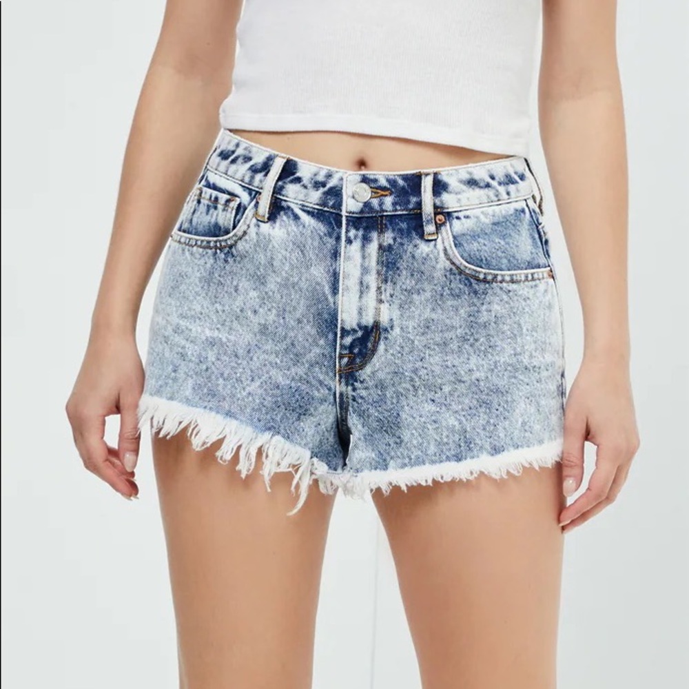 P A C S U N Hi-Rise Festival Acid Wash Raw Hem Jean Shorts Size 25